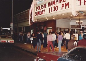 People in line outside the Nuart Theatre in West Los Angeles for the midnight premiere of Pirromount's A Polish Vampire in Burbank (1983)