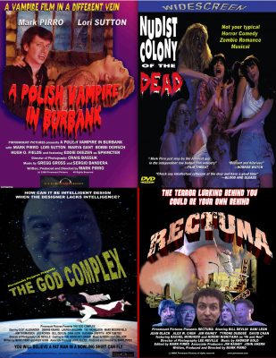 Posters from four Pirromount comedies: Polish Vampire, Queerwolf, Rectuma, Nudist Colony of the Dead