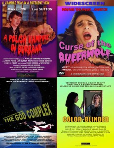posters for four Pirromount movies: God Complex, Polish Vampire, Color-Blinded, Queerwolf