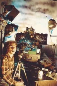 Cinematographer Craig Bassuk filming the miniature castle he built for Pirromount's 1983 comedy, "A Polish Vampire in Burbank."
