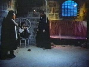 Mark Pirro, Hugh O. Fields and Marya Gant in the castle set built in a garage for "A Polish Vampire in Burbank" (Pirromount Pictures 1983)