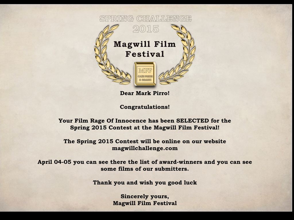 Certificate for Rage of Innocence Magwell Film Festival